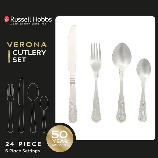 Russell Hobbs COMBO-8758 Verona Cutlery Set 72 Piece 18/10 Stainless Steel, Table Utensils for 18 Place Settings, Dishwasher Safe,