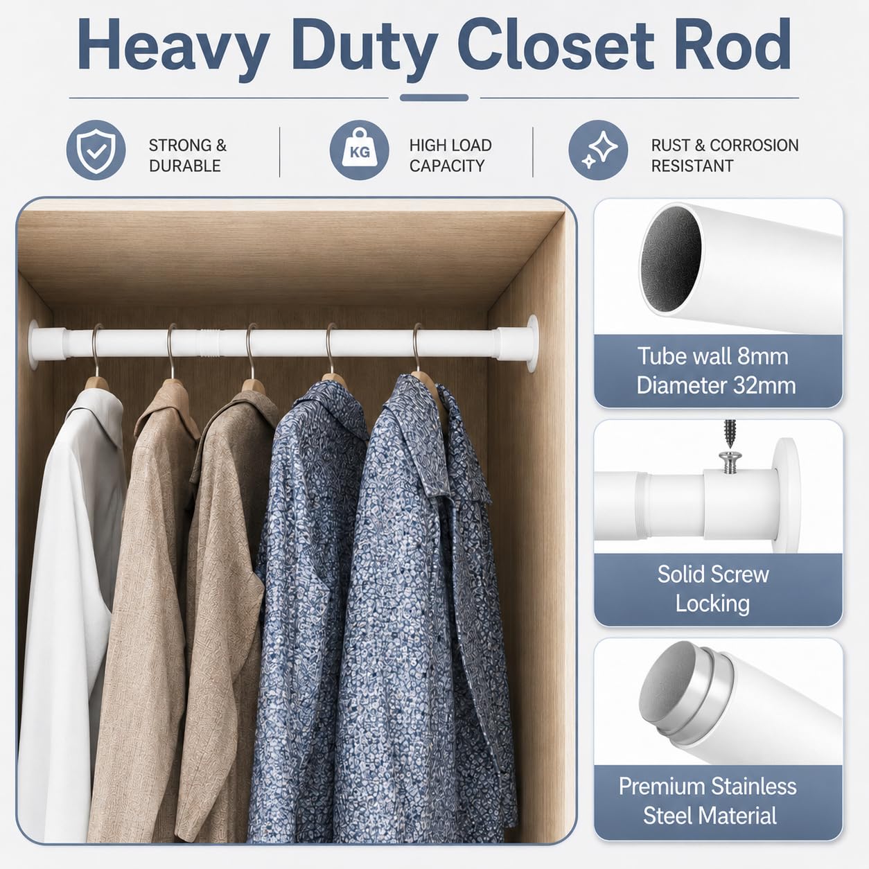 Wardrobe Rail, Heavy Duty Clothes Rod with End Sockets, Adjustable Hanging Rails for Clothes, Wardrobe and Bathroom, 68-90CM/Diameter 32MM, White