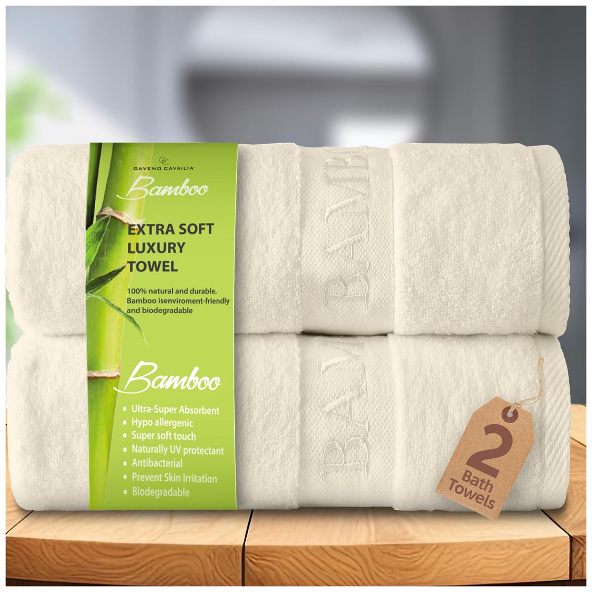 GC GAVENO CAVAILIA Large Bath Towel Bamboo Towels 2 Pack 70x120cm - Highly Absorbent Quick Dry Towels 40% Cotton, 60% Bamboo - Washable Bathroom