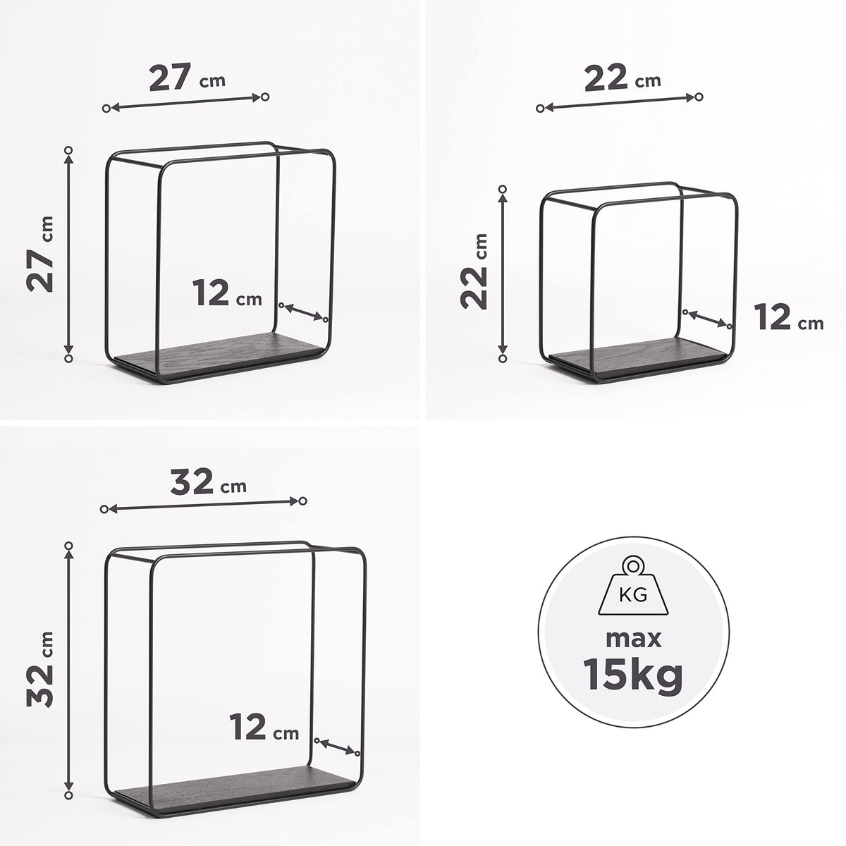 Kazai. Wall Shelves -Jona- | 3-Part Shelving Unit made of Metal and Real Wood Veneer | Wall Decor, Storage and Book Shelf for Bathroom, Living Room