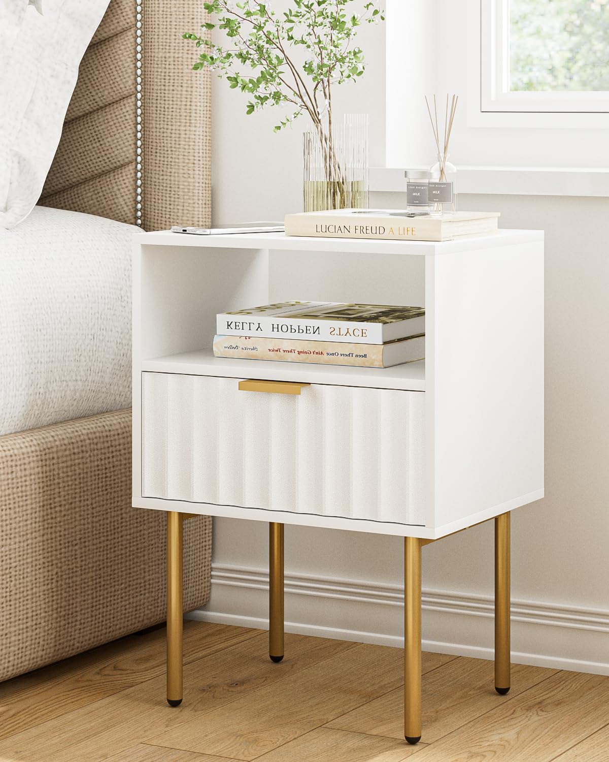 Apetaccat White Wooden Bedside Table with Gold Frame,Nightstand Drawer and Shelf,Modern Bedroom Furniture for Living Room or Bedroom, White,Medium