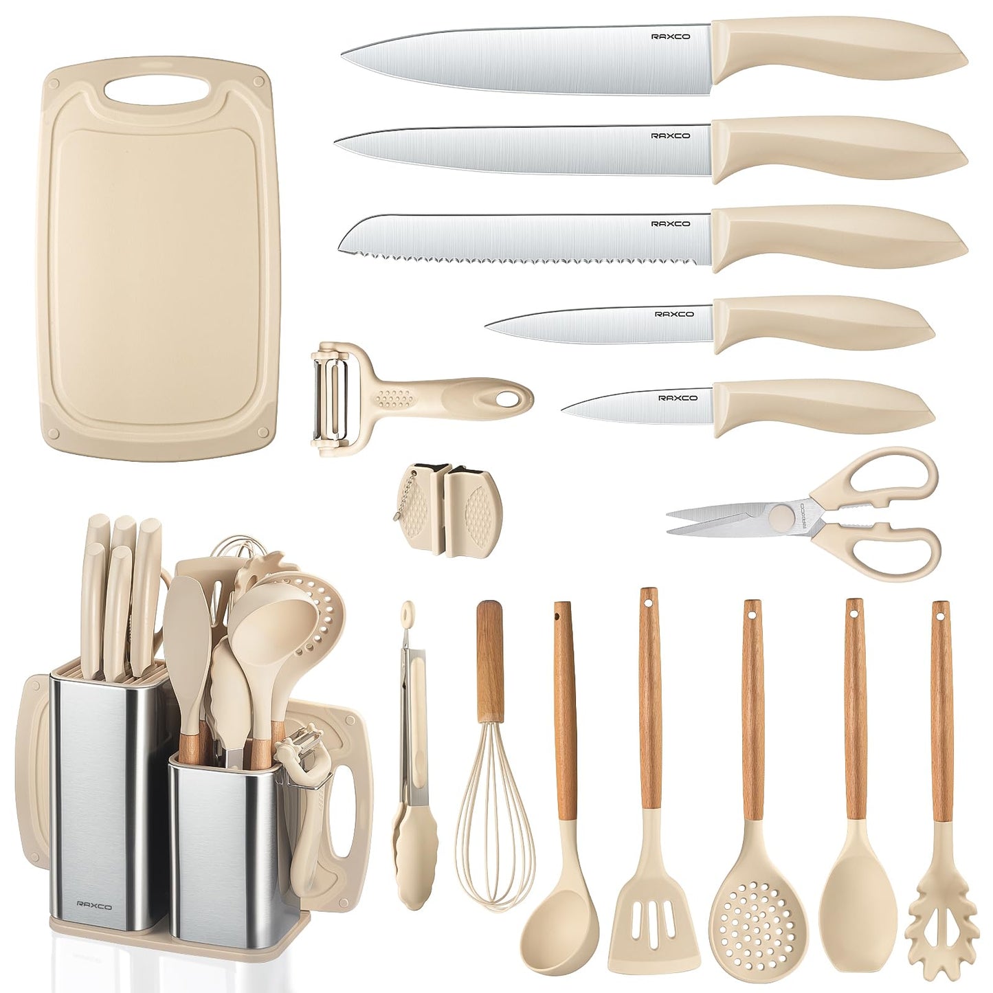 RAXCO Kitchen Knife Sets with Block, 18-Piece Kitchen Utensils with 5-Piece Knife Sets and 7-Piece Silicone Spatula