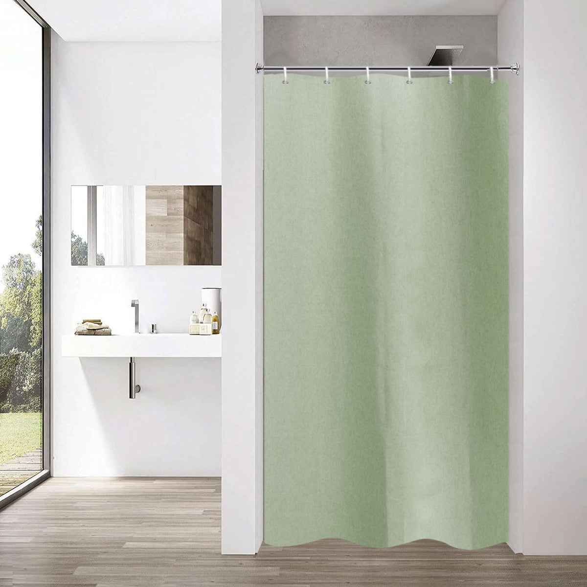 YISURE Narrow Linen Textured Shower Curtain 90x180cm, Heavy Duty Fabric Shower Curtains for Bathroom Waterproof Thick Hotel Luxury, Green 35''x71''
