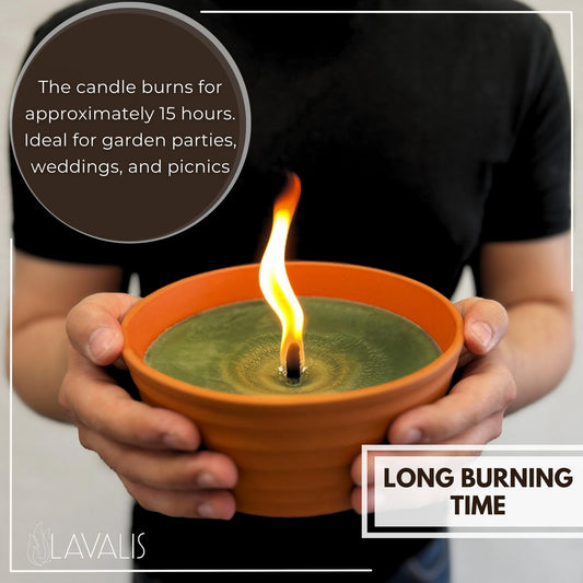 Lavalis - Large XXL Candle with Terracotta Bowl - Burn Time of 15 Hours - Garden Candle for BBQ, Wedding and Party - 18 cm Flame Height