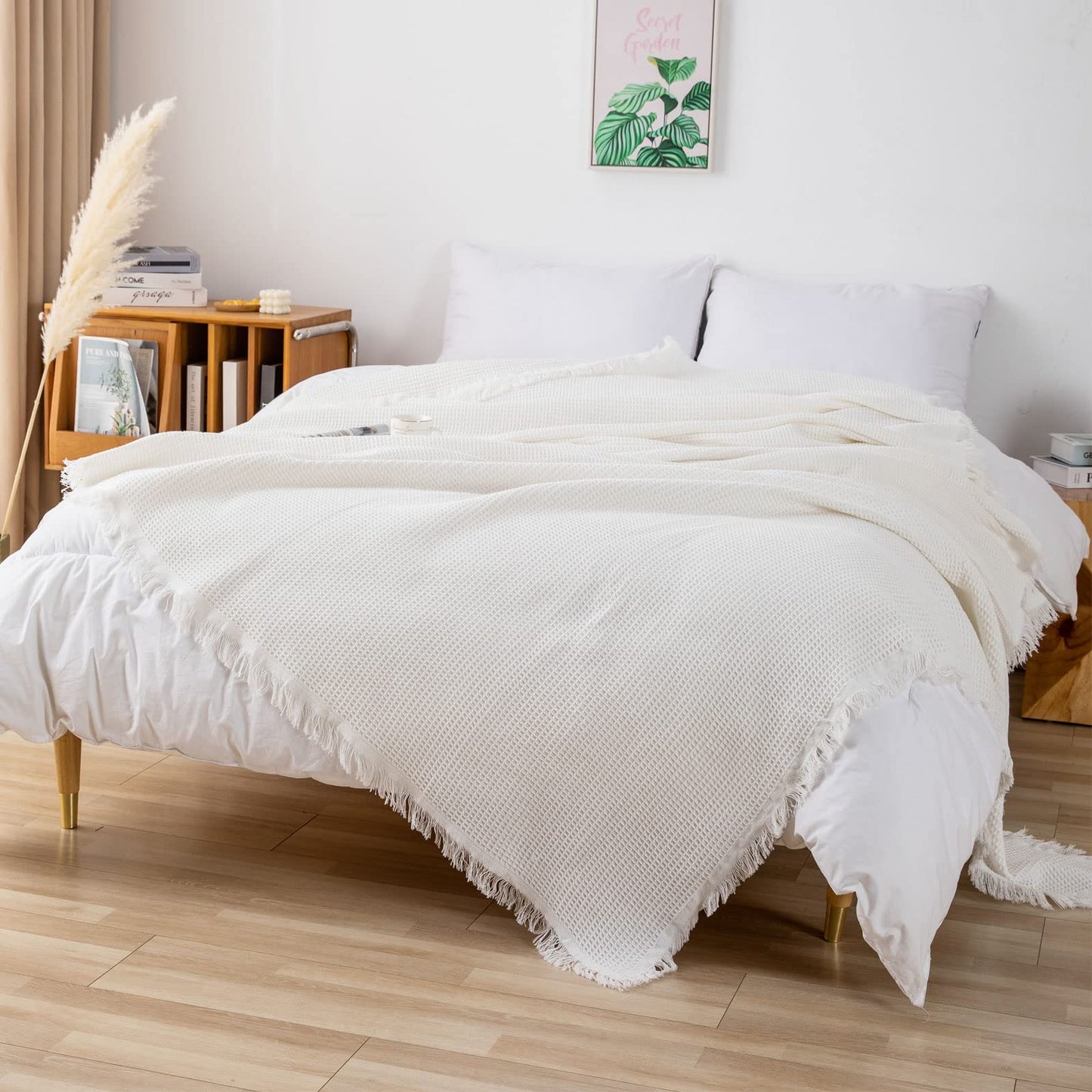 GAOWEI Waffle Sofa Throws Couch Cover Large 3 seater with Decorative Fringe ideal for Sofa Couch Chair and Bed Cotton fit All Season,White 180x300cm