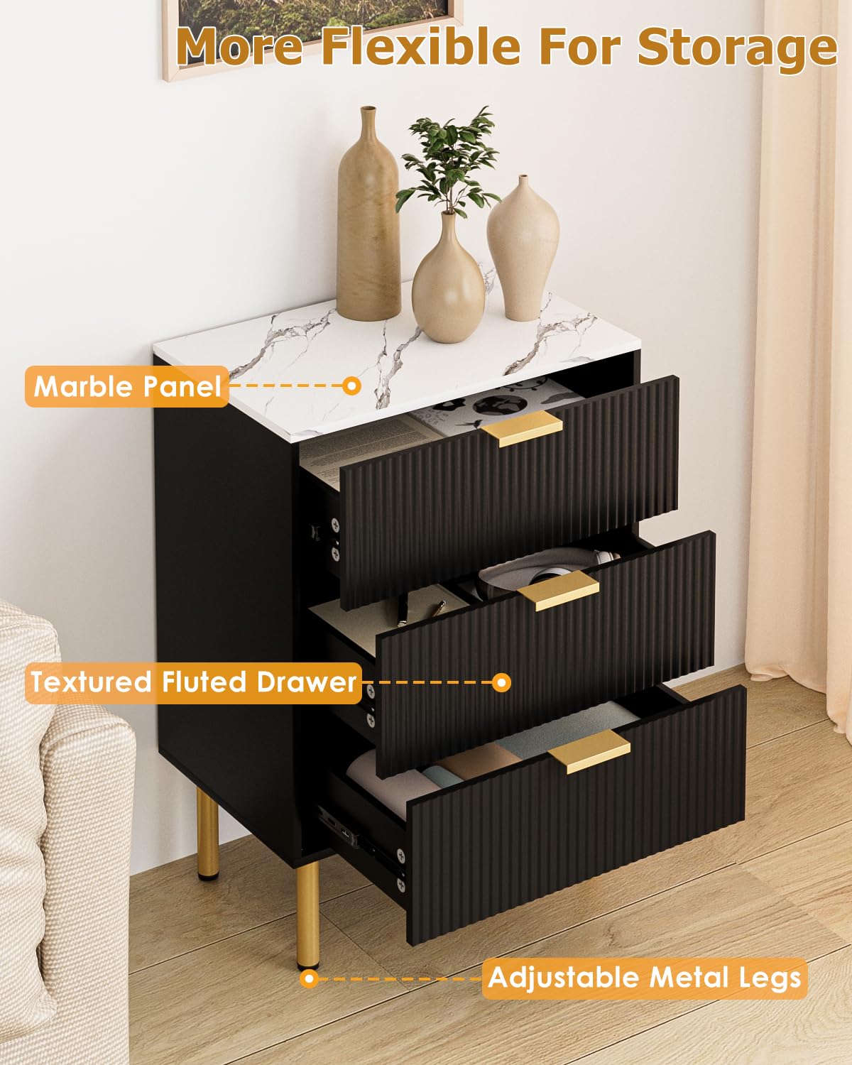 Apetaccat Bedside Table with 3 Drawers, Modern Bedside Cabniet with Metal Legs, Fluted Nightstand, Side Table for Bedroom, Living Room, Office, Black