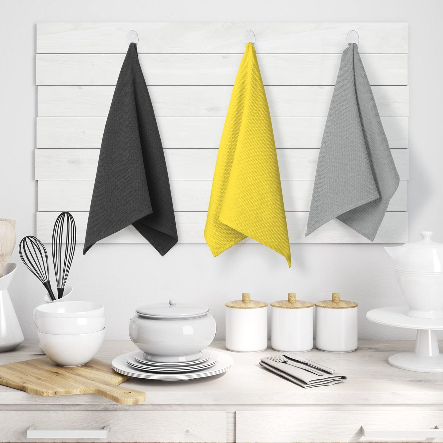 AmeliaHome Set of 3 tea towels, cotton, kitchen towels, 50 x 70 cm, waffle pique, waffle fabric, Letty, anthracite, grey, yellow
