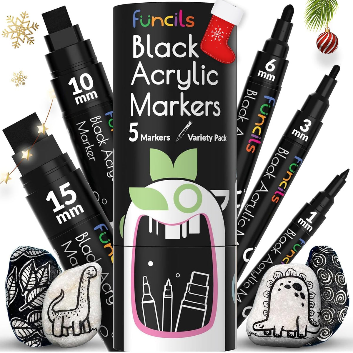 Funcils 5 Acrylic Black Paint Pen - Fine Tip, Thin Point & Jumbo Pens 1mm, 3mm, 6mm, 10mm, 15mm - Black Paint Marker for Plastic, Canvas, Wood, Rock