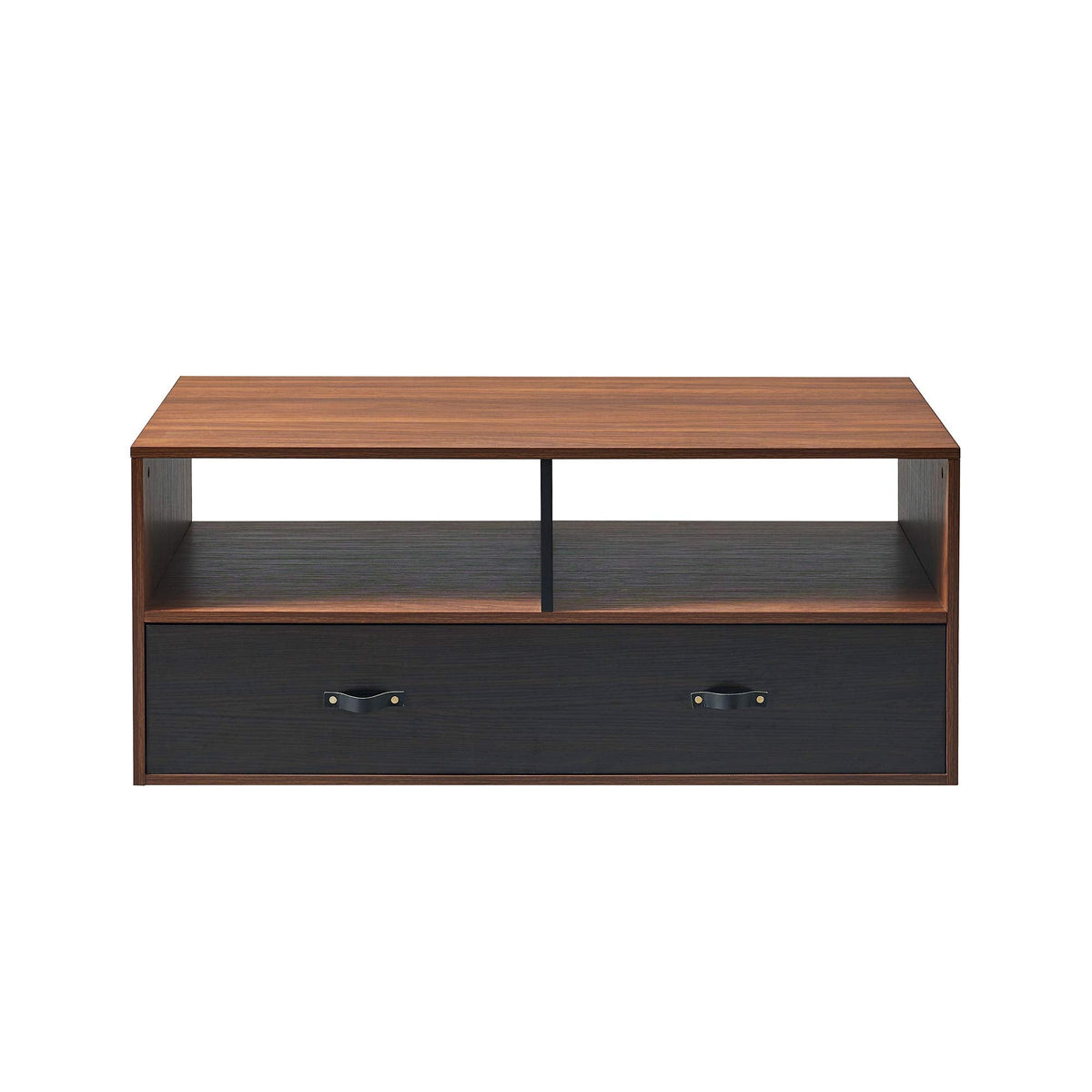 Teamson Home Modern Wooden Rectangular Coffee Table with Drawers and Storage with Leather Handle, Multi Function Coffee Table or TV Stand, Brown/Black