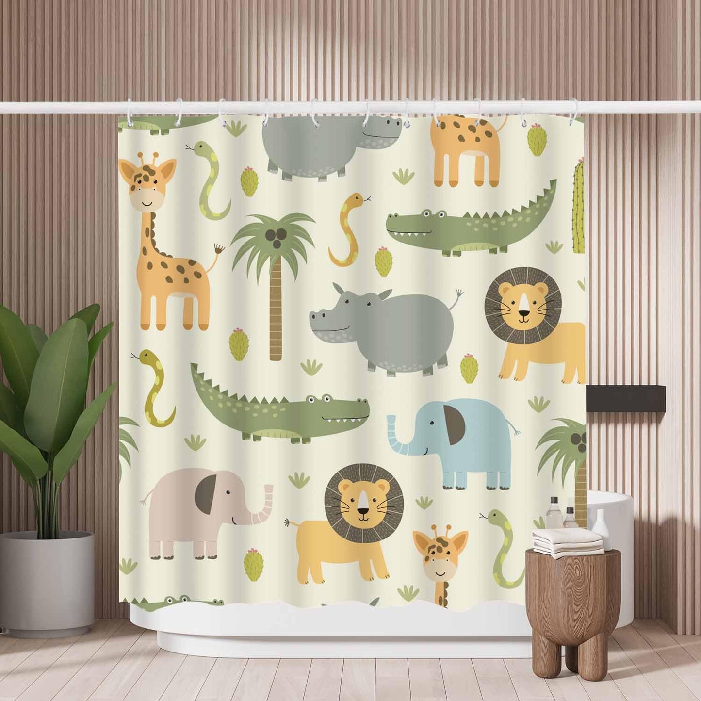 Woutay Shower Curtain Mould Proof Resistant Cute Zoo Animals,Water Repellant Fabric,Polyester,with 12 Plastic Hooks,Size 180x180CM