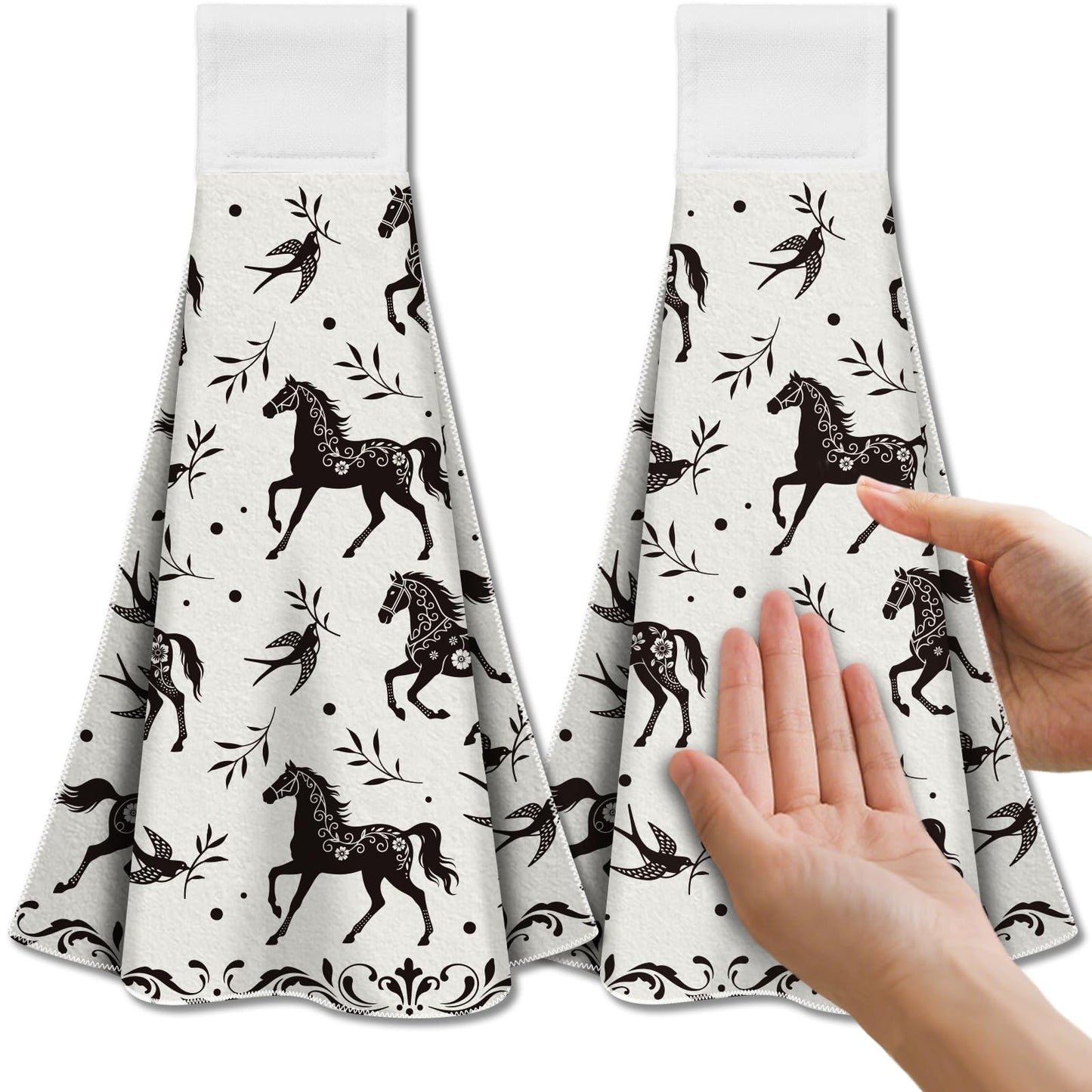 CUTHOLLOW 2Pcs Black Horse and Swallow Tea Towels for Kitchen with Loop, 31.5x43.5cm Soft Super Absorbent Microfiber Decorative Hanging Dish Towel,
