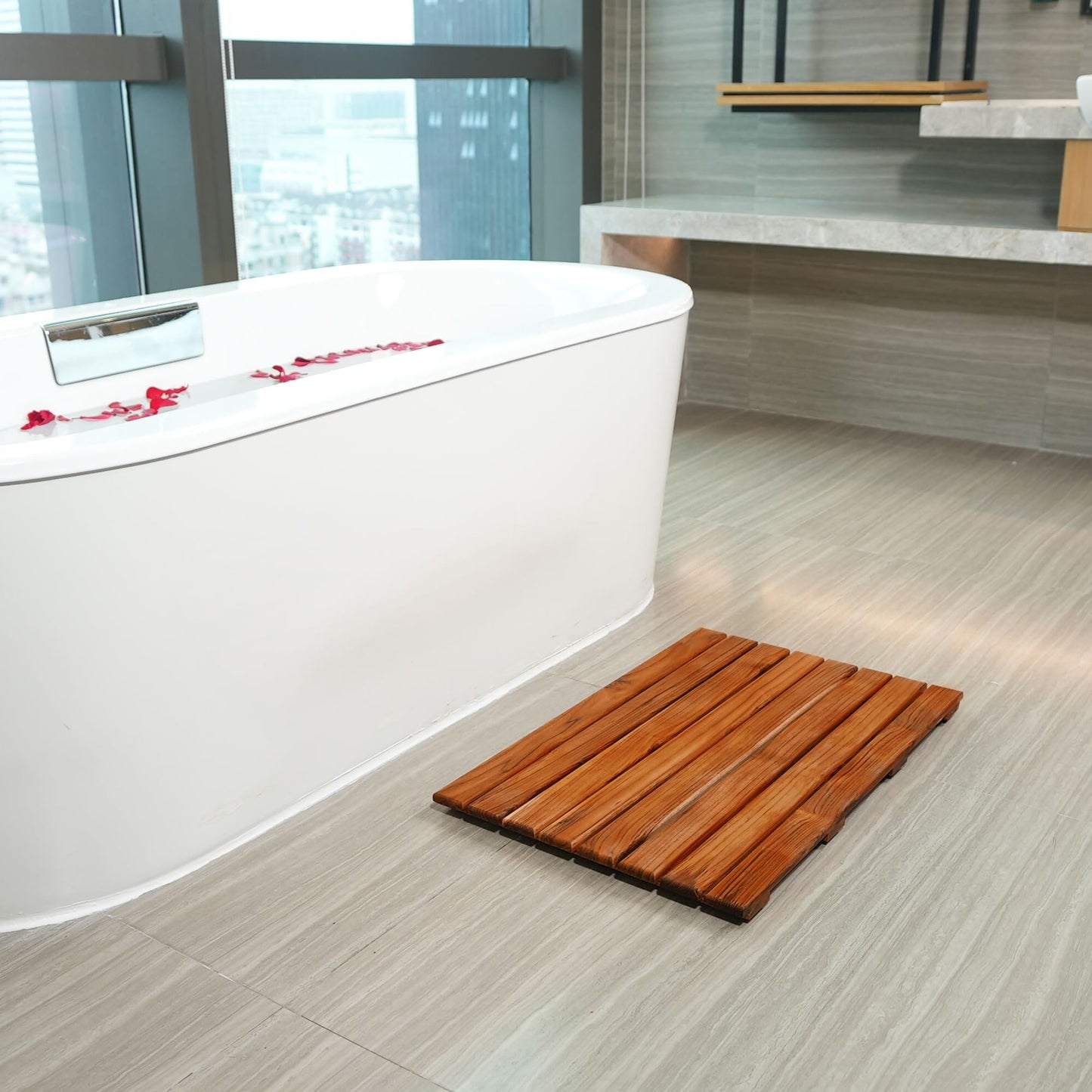 VaeFae Teak Shower Mat, Non-Slip Bath Mat, Luxury Spa Mat, Wooden Mat for Bathtub, 50.8 x 33 cm