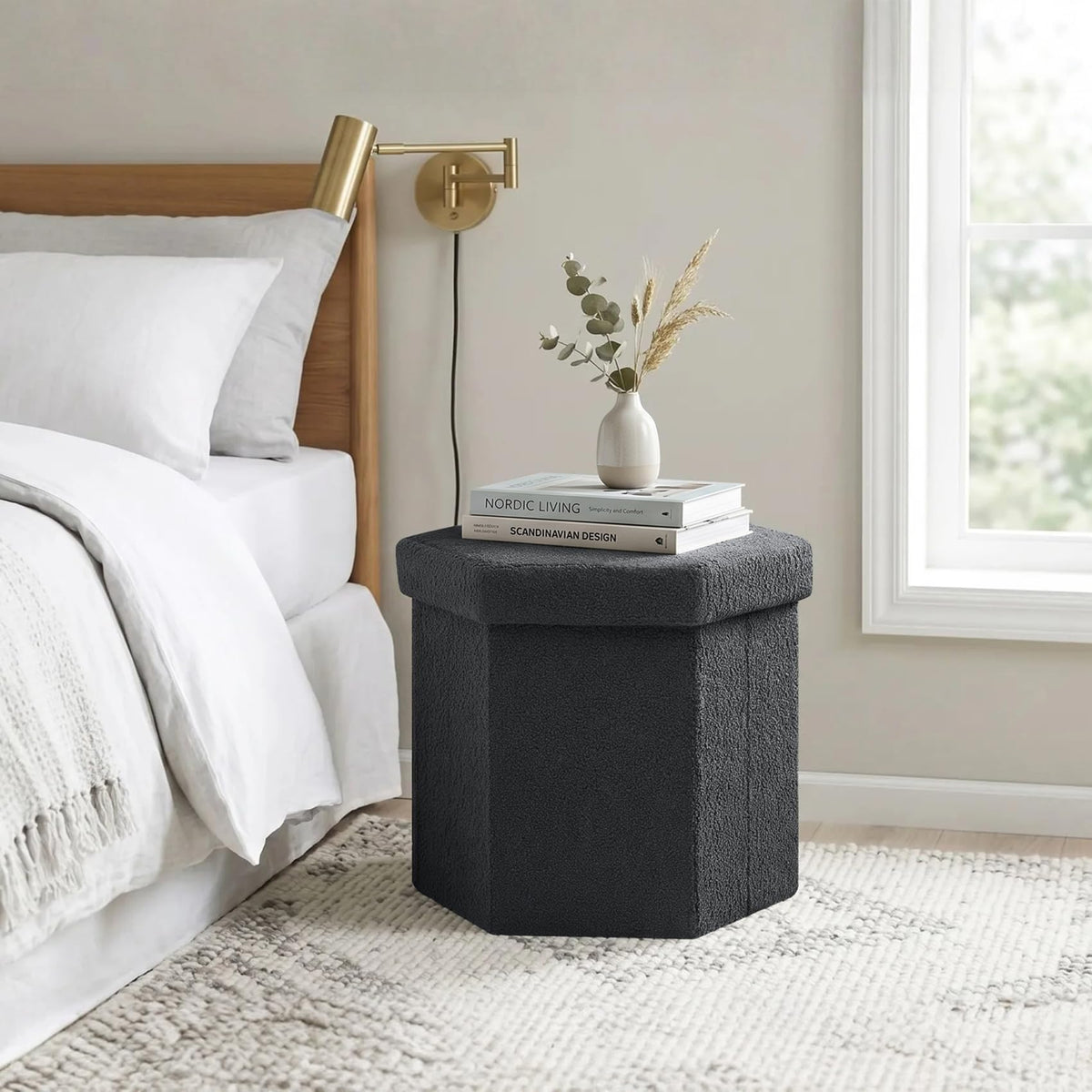 PINPLUS Boucle Ottoman Storage, Hexagonal Foldable Footrest, Dark Grey