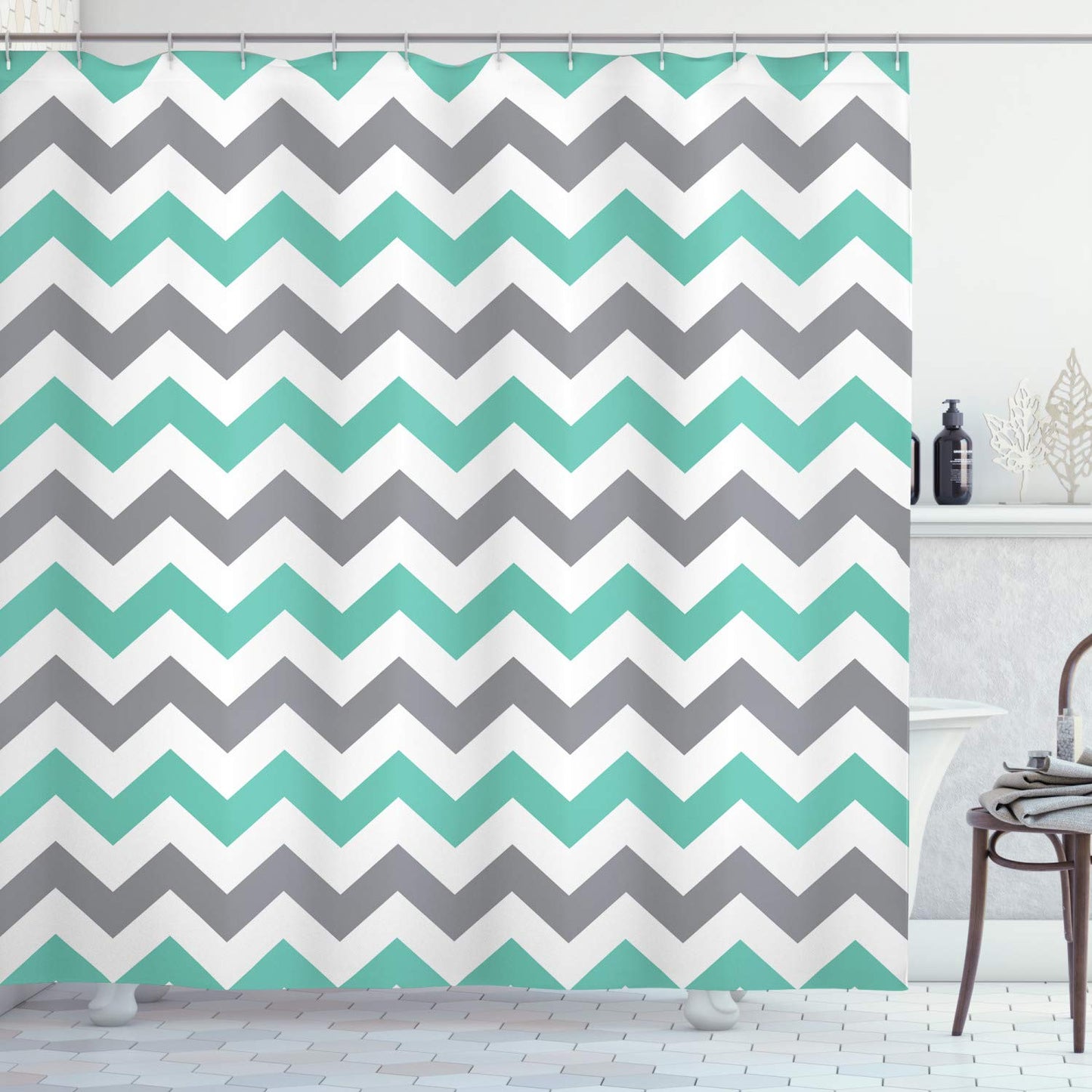 ABAKUHAUS Chevron Shower Curtain, Chevron Pattern Geometric Wavy Zigzag Herringbone Stripes Illustration, Cloth Fabric Bathroom Decor Set with Hooks,