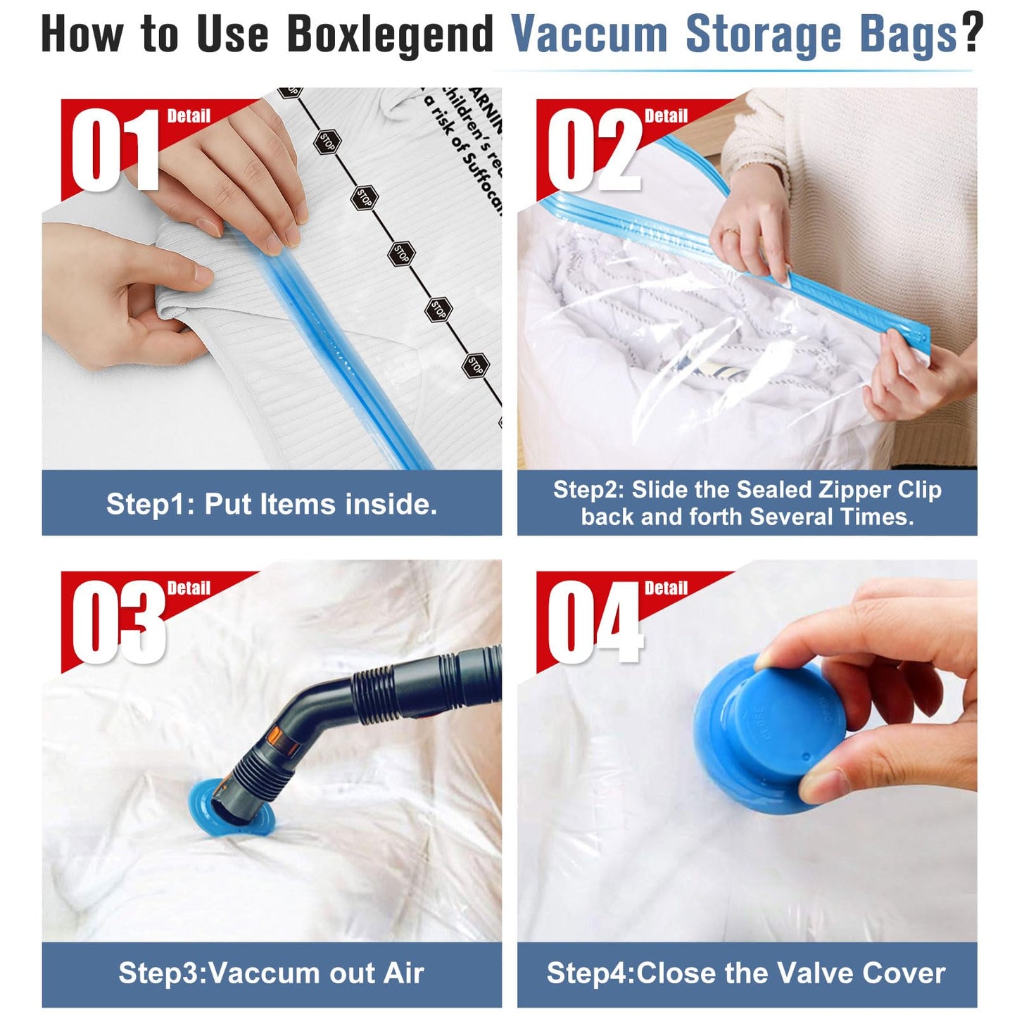 BoxLegend Vacuum Storage Bags 6 Packs Space Saving Vacuum Pack Storage Bags 3 Large 80x60cm+3 Medium 70x50cm Double Zip Seal & Leak Valve Reusable