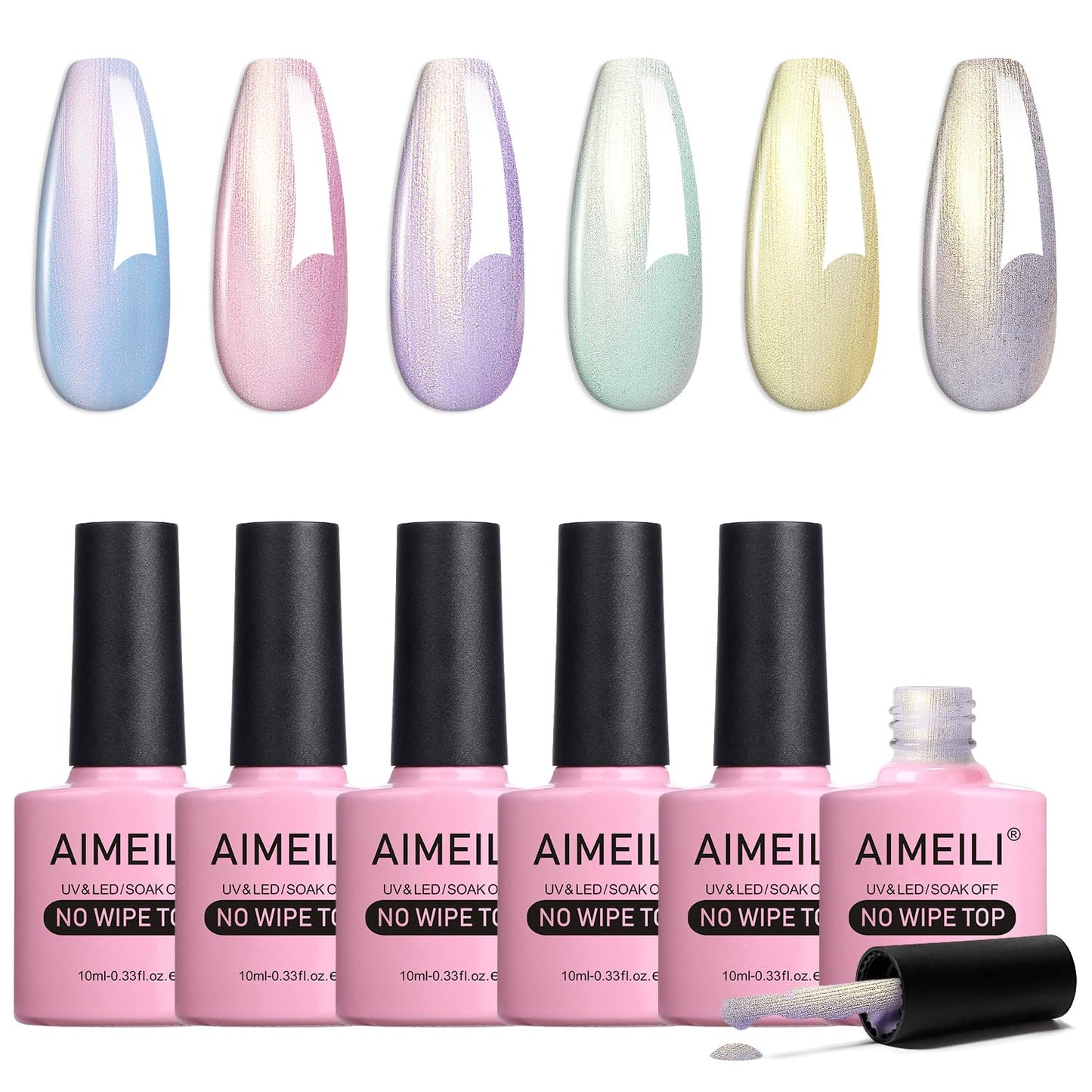 AIMEILI Glitter Top Coat Gel Polish Set, Micro Aurora Glitter Gel Polish Clear Gel Top Coat No Wipe UV LED, Rainbow Shimmer Nail Art Top Gel, High