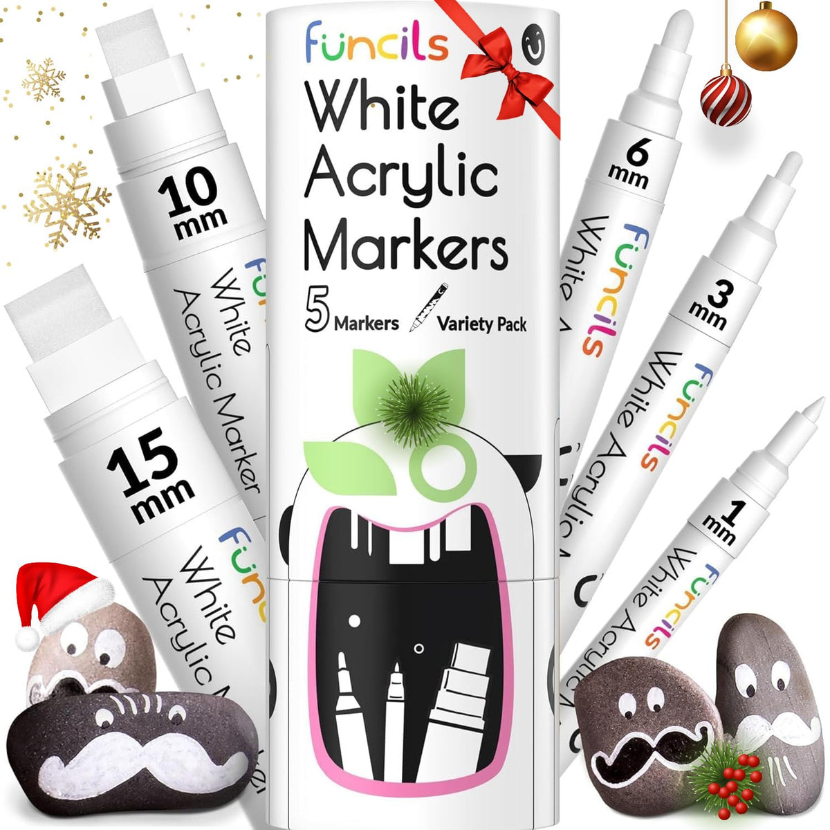 Funcils 5 Acrylic White Paint Pens - Fine & Jumbo Size Ink Pens 1mm, 3mm, 6mm, 10mm, 15mm - Permanent White Marker Ink for Rock Painting, Fabric