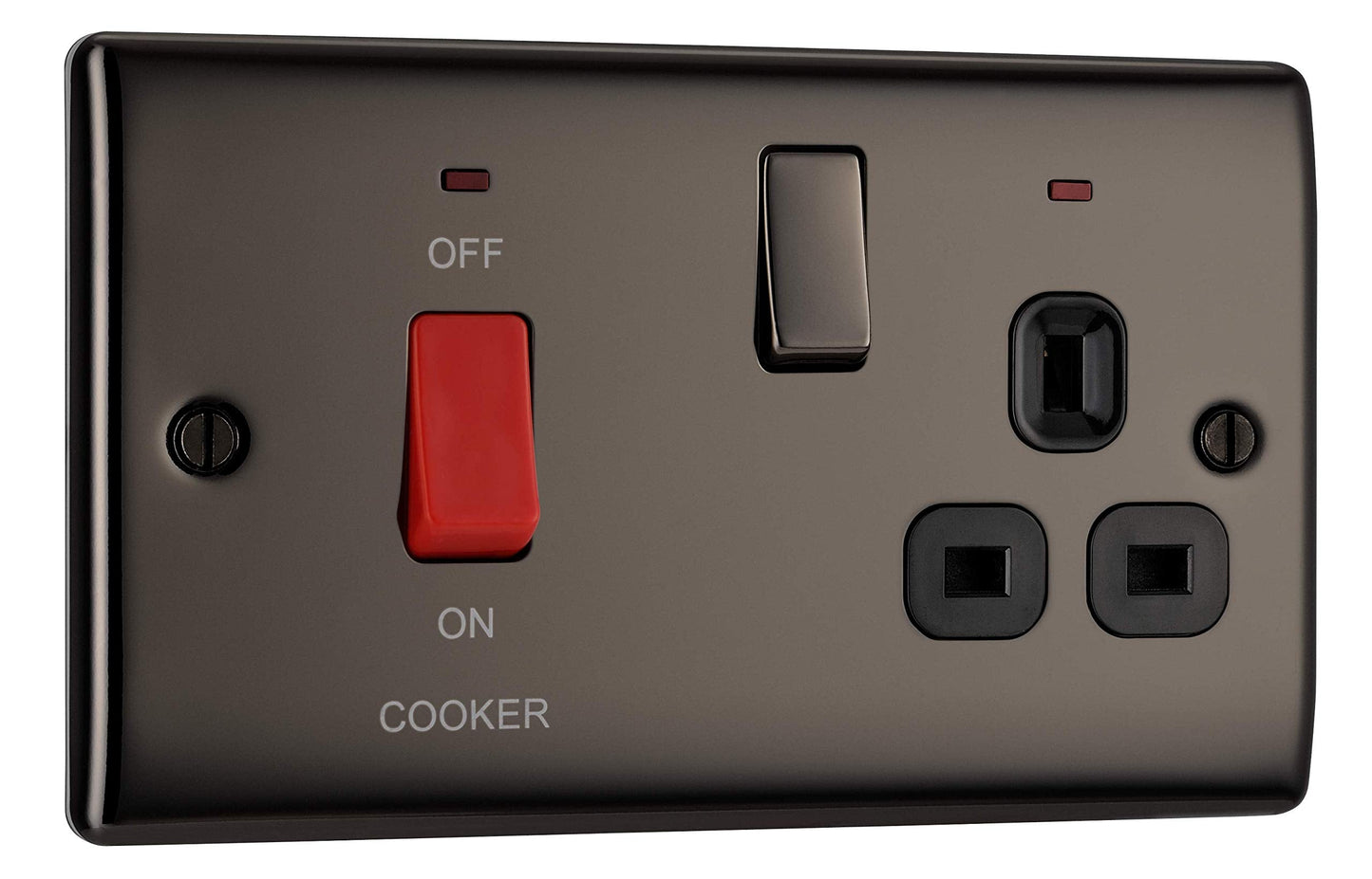 BG Electrical Cooker Switch with Socket and LED, Cooker Control Unit, Control Socket, Double Pole, Raised Profile, Round Edges, Nexus Metal, Black