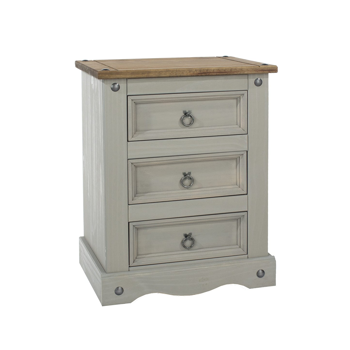 Home Source Solid Pine Wood Distressed Waxed 3 Drawer Bedside Nightstand, Grey
