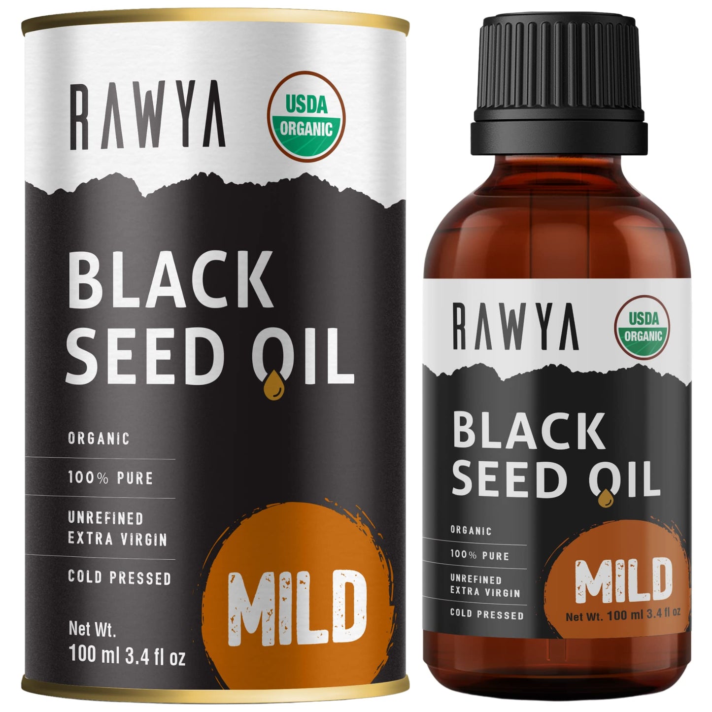 Rawya Black Seed Oil Organic Cold Pressed, 100 ml, Mild Taste, High TQ, Unfiltered, Glass Bottle. Great for Skin, Hair, Health Boost, Balaayah Black