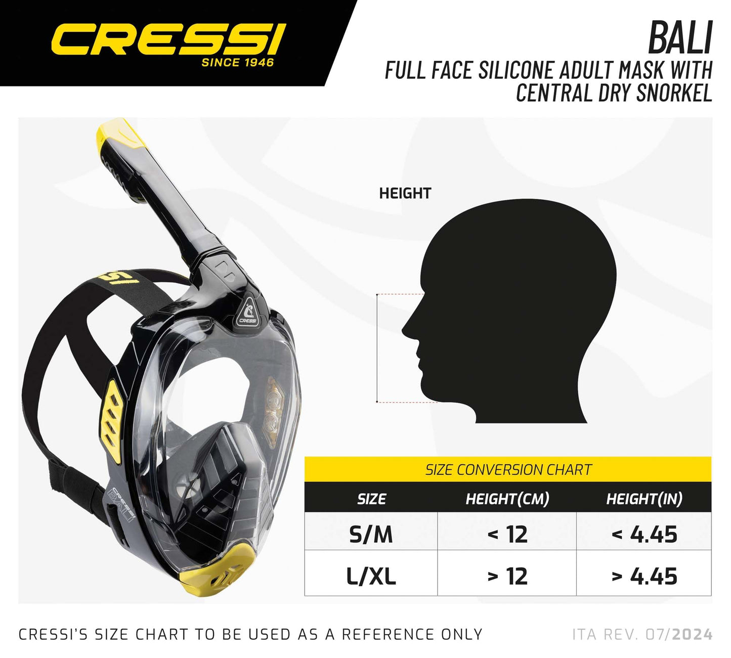 CRESSI Bali Full Face Mask Black/Yellow L/XL - Unisex Integral Snorkel Mask, Anti Fog Clear Lens, 100% Silicone, Dry Snorkel with Float Valve, Action
