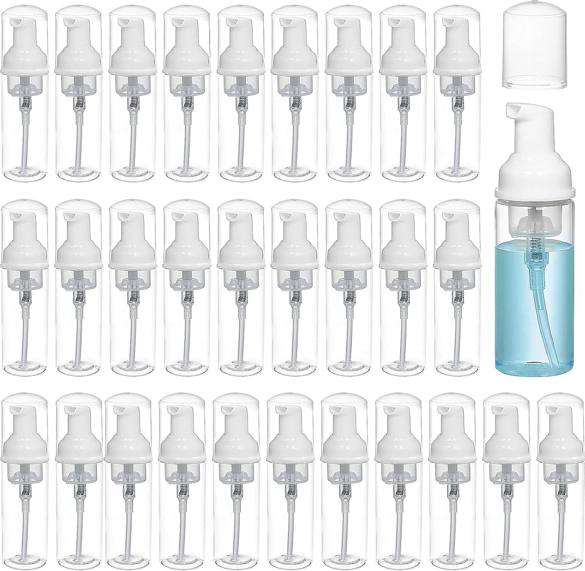 Xaztr 30Pcs Empty Foam Pump Bottles, 50ml Plastic Travel Foam Pump Bottle, Mini Refillable Dispenser Soap Bottle for Travel Hand Soap Shampoo, BPA