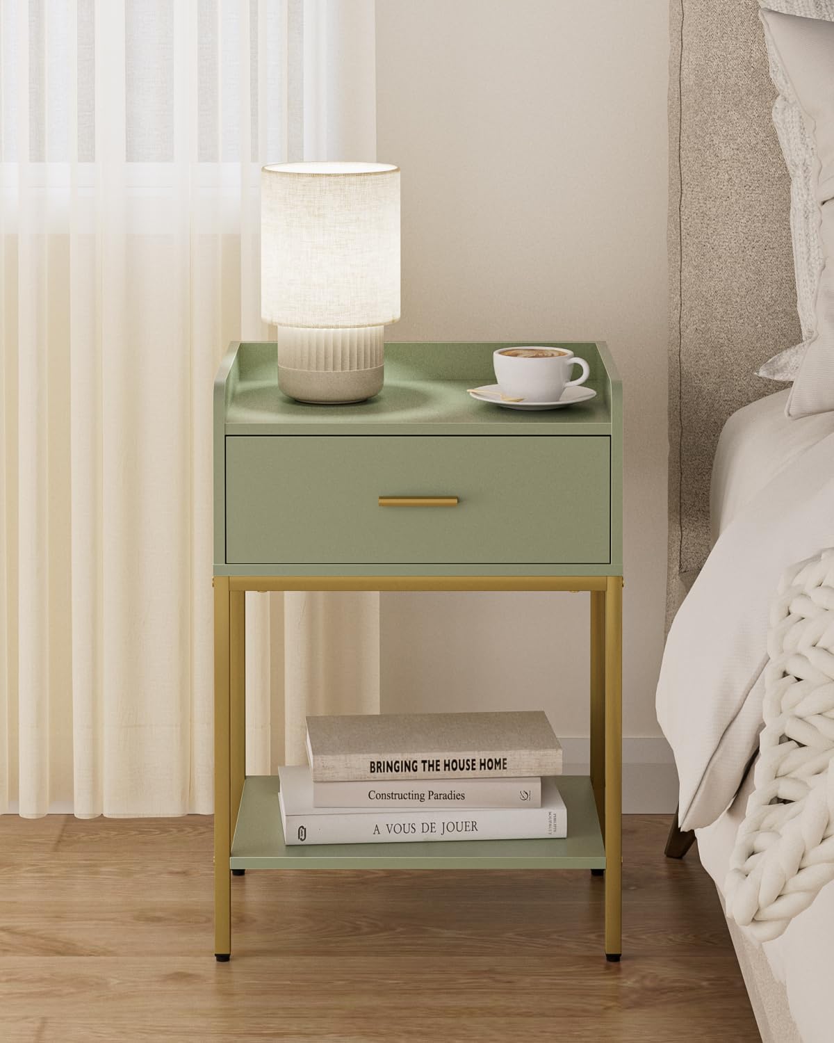 HEYZOEY Bedside Table, 3-tier Modern Bedside Table with Storage Drawer and Shelf, Small Side Table for Bedroom, Living Room, Green