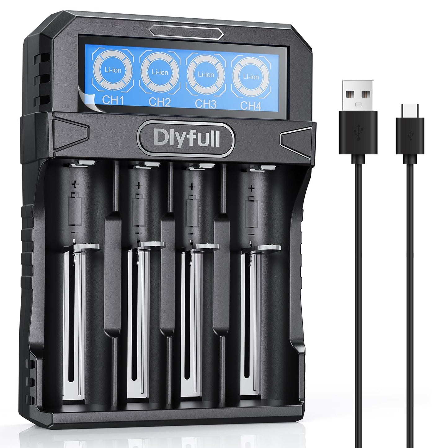 18650 Battery Charger Dlyfull Rechargeable Battery Charger for 3.7V Li-ion LCD Display with Type-C 5V/2A Fast Charging 26650 10440 16340(RCR123) 17335