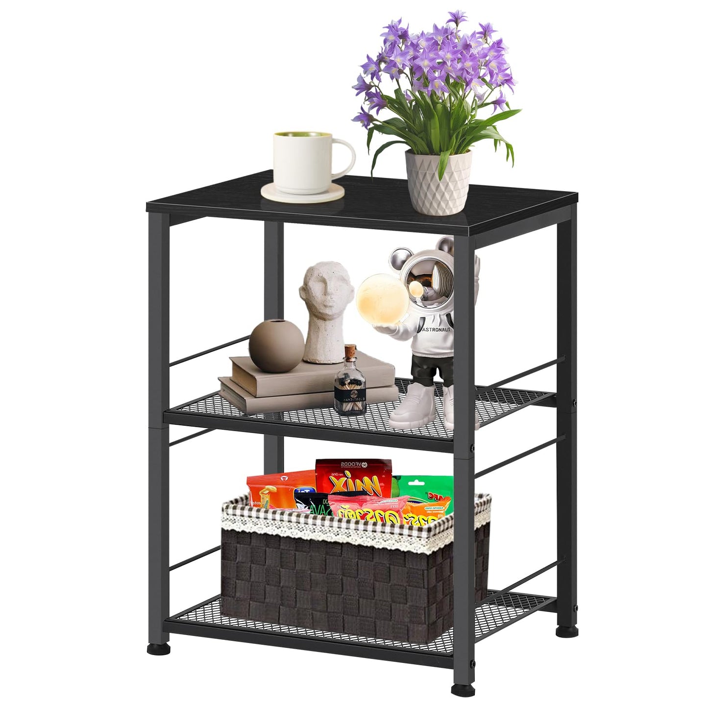 Nandae Side Table, 3 Tire Bedside Table with Wheels, Nightstand Tables with Wooden Top & Wire Mesh Shelves for Living Room, Bedroom, Sofa Black