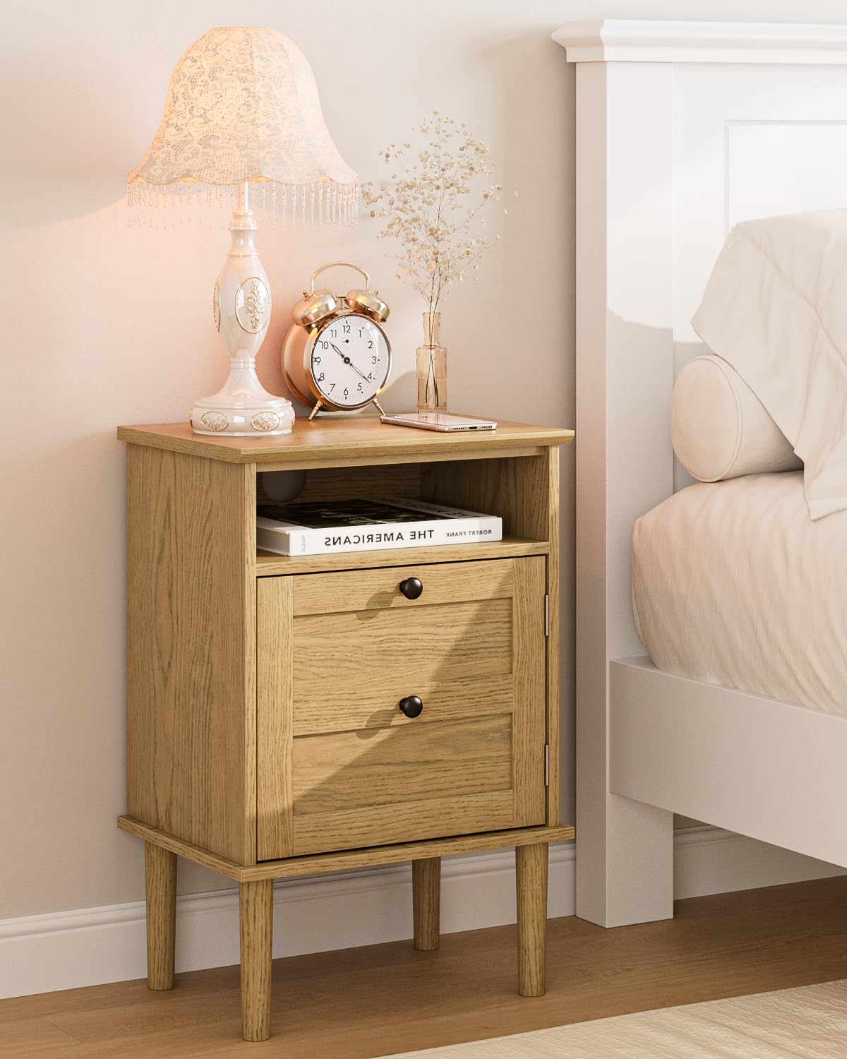 HEYZOEY Wooden Bedside Cabinet with Door & Open Top Shelf ? Side Table for Bedroom & Living Room,Fits Small Space(Light Oak 1)