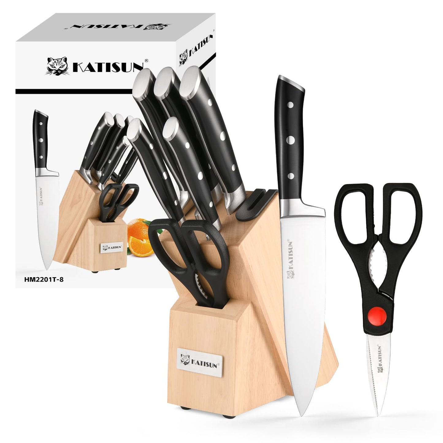 KATISUN 8 Piece German Steel 1.4028 Knife Set with Polished Handles for Comfort and Durability, Knife Block with Knives, Professional Kitchen Knife