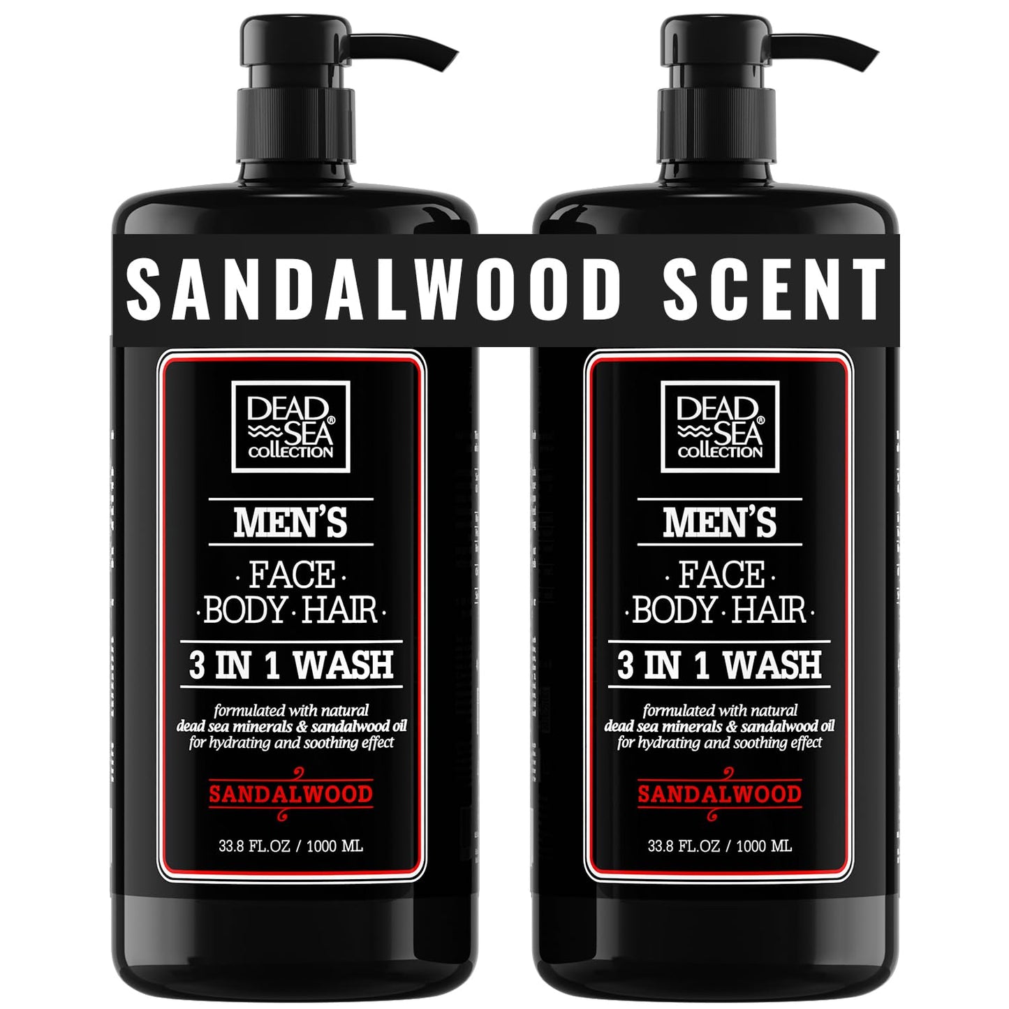 Dead Sea Collection Mens Shower Gel 3 in 1 with Sandalwood Oil and Dead Sea Salt - Body Wash, Shampoo for Men, Face Wash - Pack of 2 (1000 ml. each)