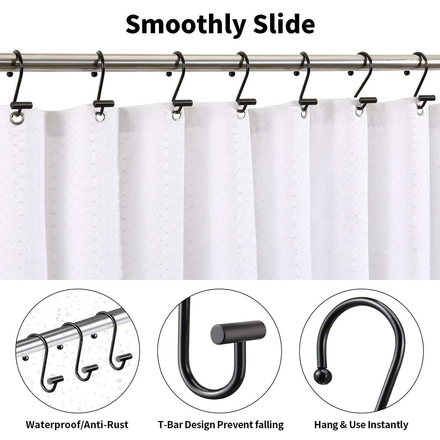 AURIVISTA 12 Pack Shower Curtain Hooks, Rust Proof T-Bar Rings, Black