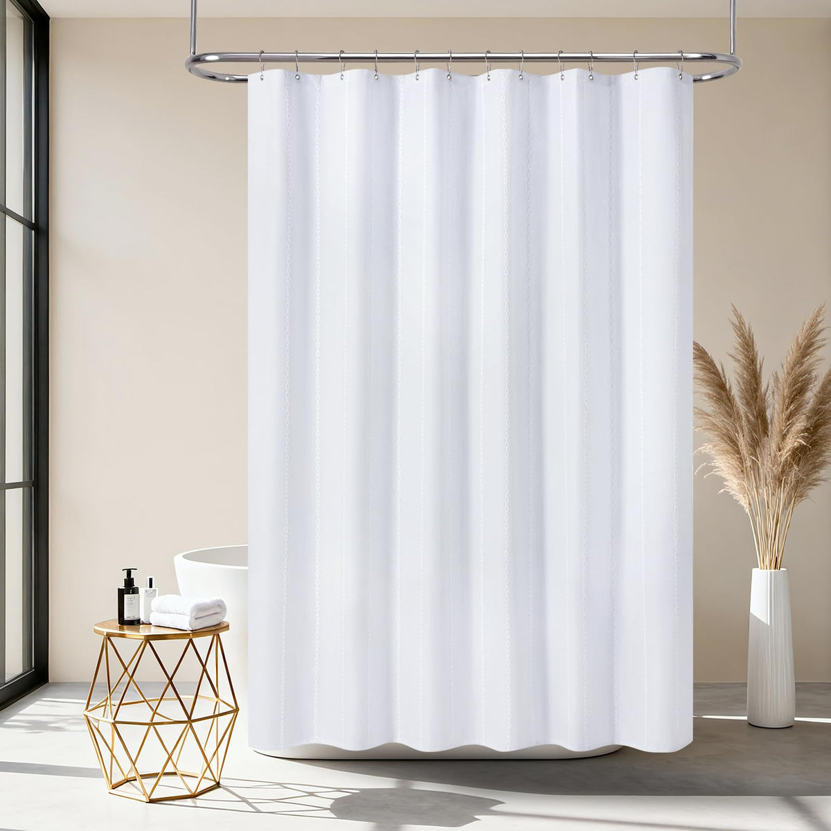 VANZAVANZU White Stripe Shower Curtain Bohemain with 12 Free Stainless Steel Hooks ? Durable, Water-Resistant, and Modern Design for Bathroom 190 *