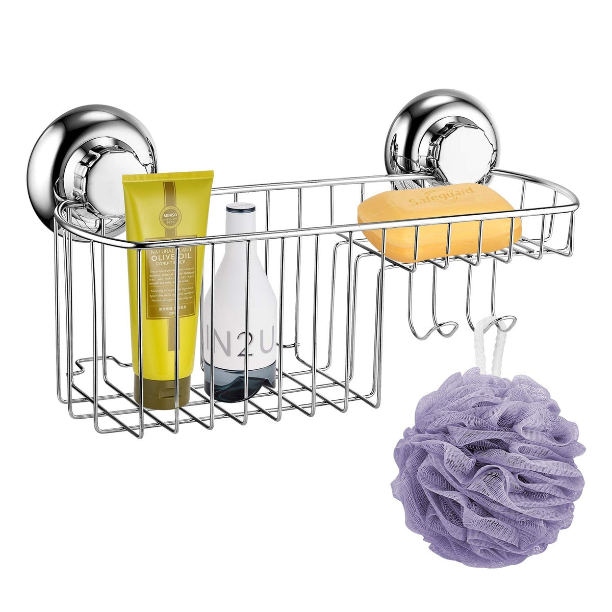 MaxHold No-Drilling/Suction Cup Multi-functional Combo Basket - Vaccum System - Stainless Steel Never Rust - for Bathroom & Kitchen