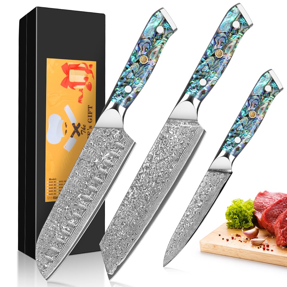 Home Safety Damascus Knife Set of 3, 12.4-19cm Chef's Knife Set Made of 67 Layers of VG-10 Damascus Steel, Santoku Knifes, Kiritsuke Knifes, Ergonomic