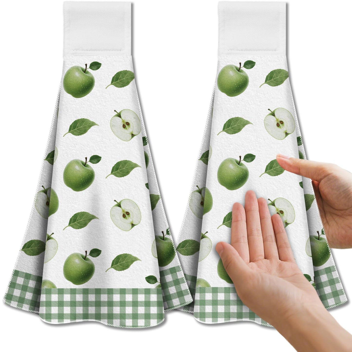 CUTHOLLOW Green Apples Tea Towels for Kitchen with Loop, Set of 2 - Soft & Super Absorbent Microfiber Decorative Hanging Dish & Hand Towel, Tea,