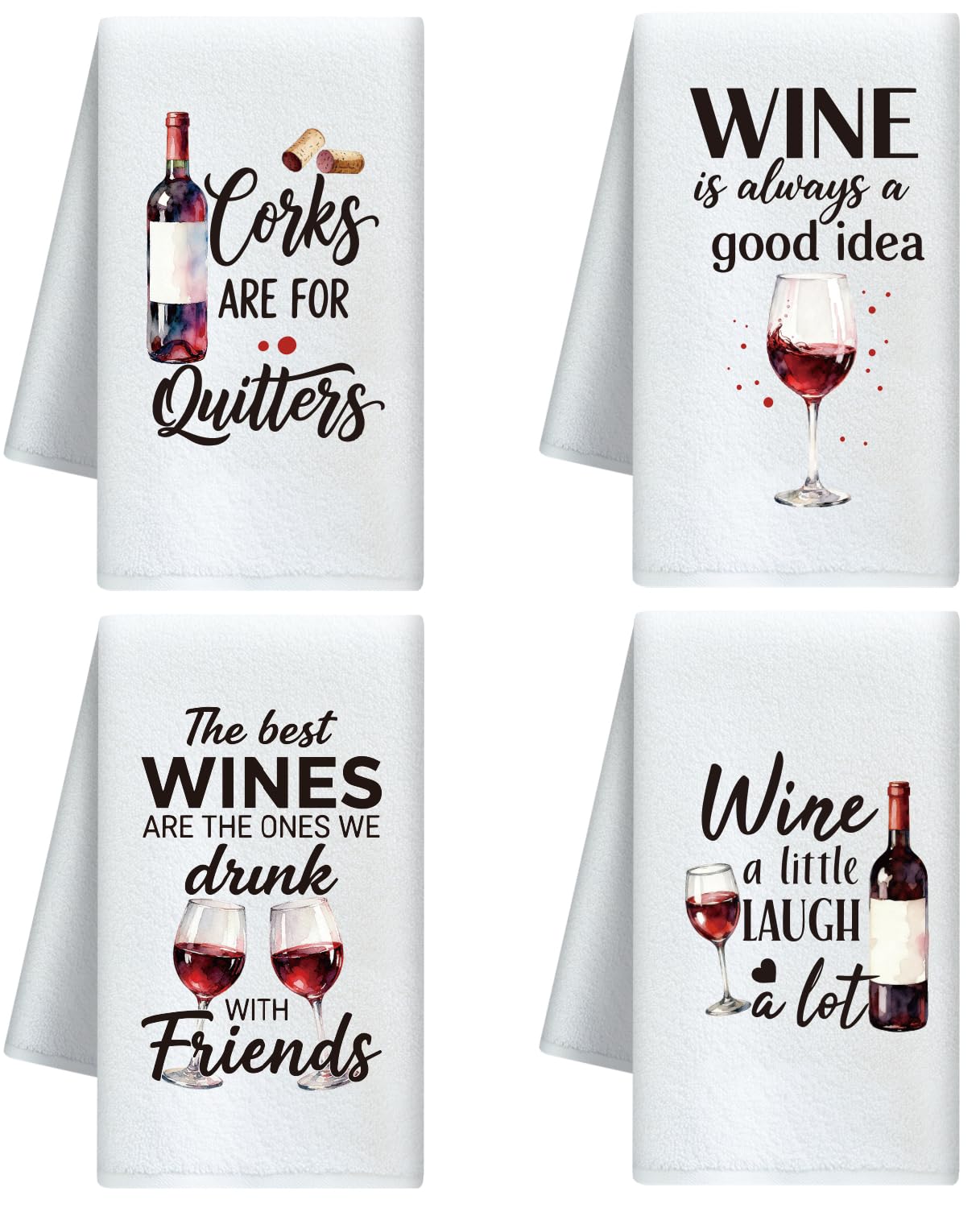 CUTHOLLOW Wine Bottles and Glasses Decorative Kitchen Towels Set of 4, 60x40cm Soft Absorbent Microfiber Dish Towel for Tea Coffee Bar Home, Best Gift