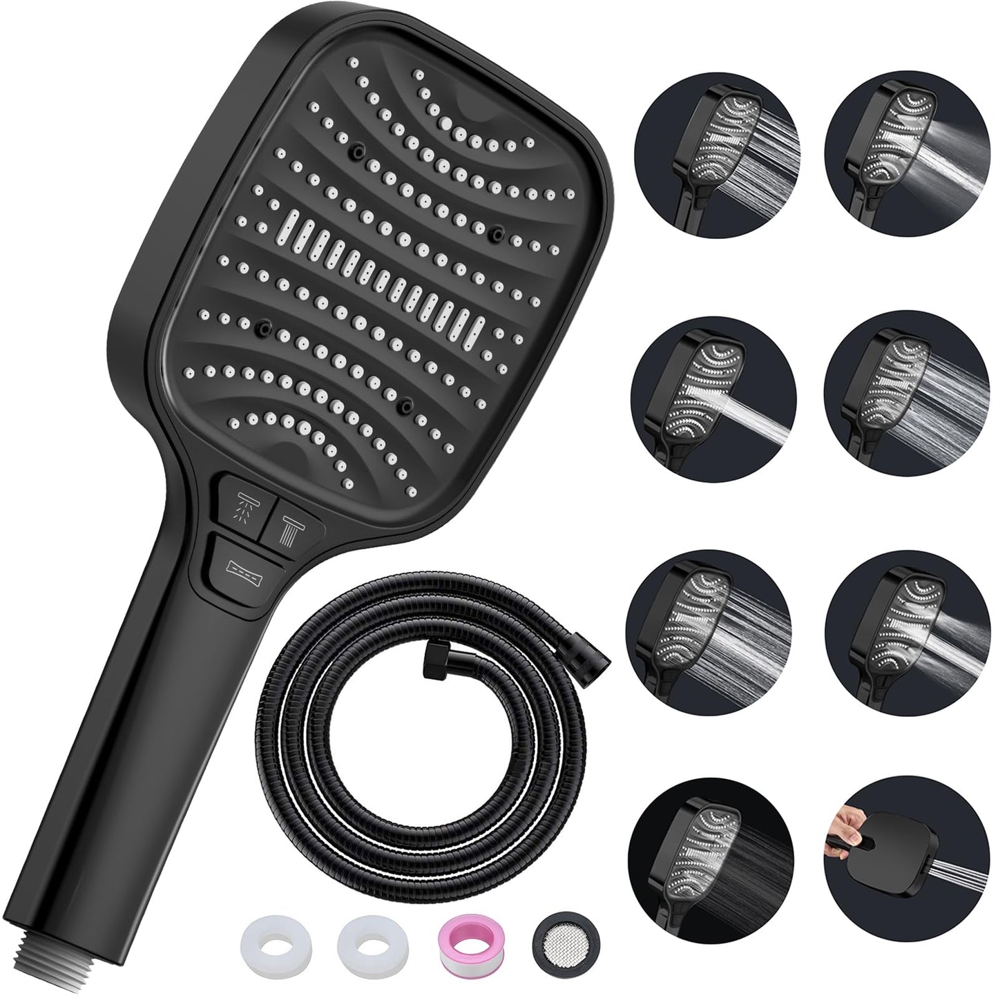 Shower Head High Pressure Shower Heads ? with 8 Spray Modes and 1.5m Hose, Black Shower Head and Hose Set, Square Handheld Showerhead for Bathroom