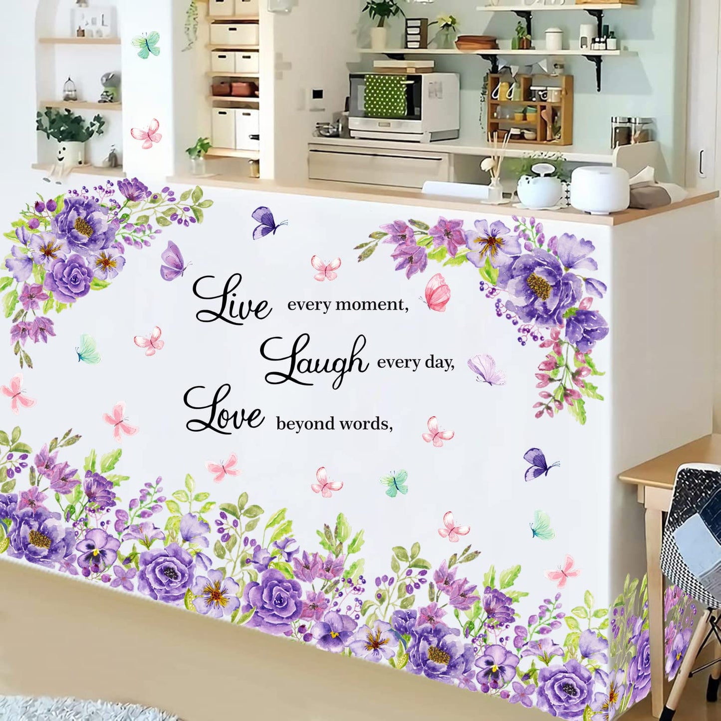 Purple Flower Wall Stickers Live Laugh Love Art Decals Flower Vine Butterfly Wall Sticker Inspirational Wall Decals Peel and Stick Garden Floral Wall
