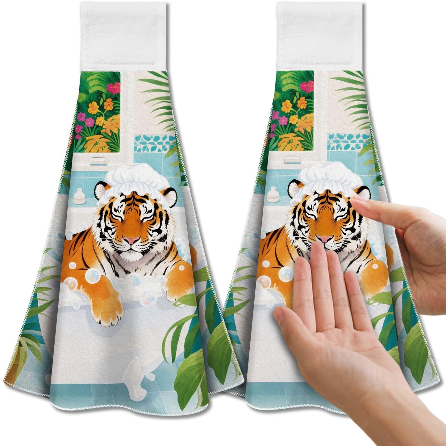 CUTHOLLOW Bathroom Tiger Tea Towels for Kitchen with Loop, Set of 2 - Soft & Super Absorbent Microfiber Decorative Hanging Dish & Hand Towel, Tea,
