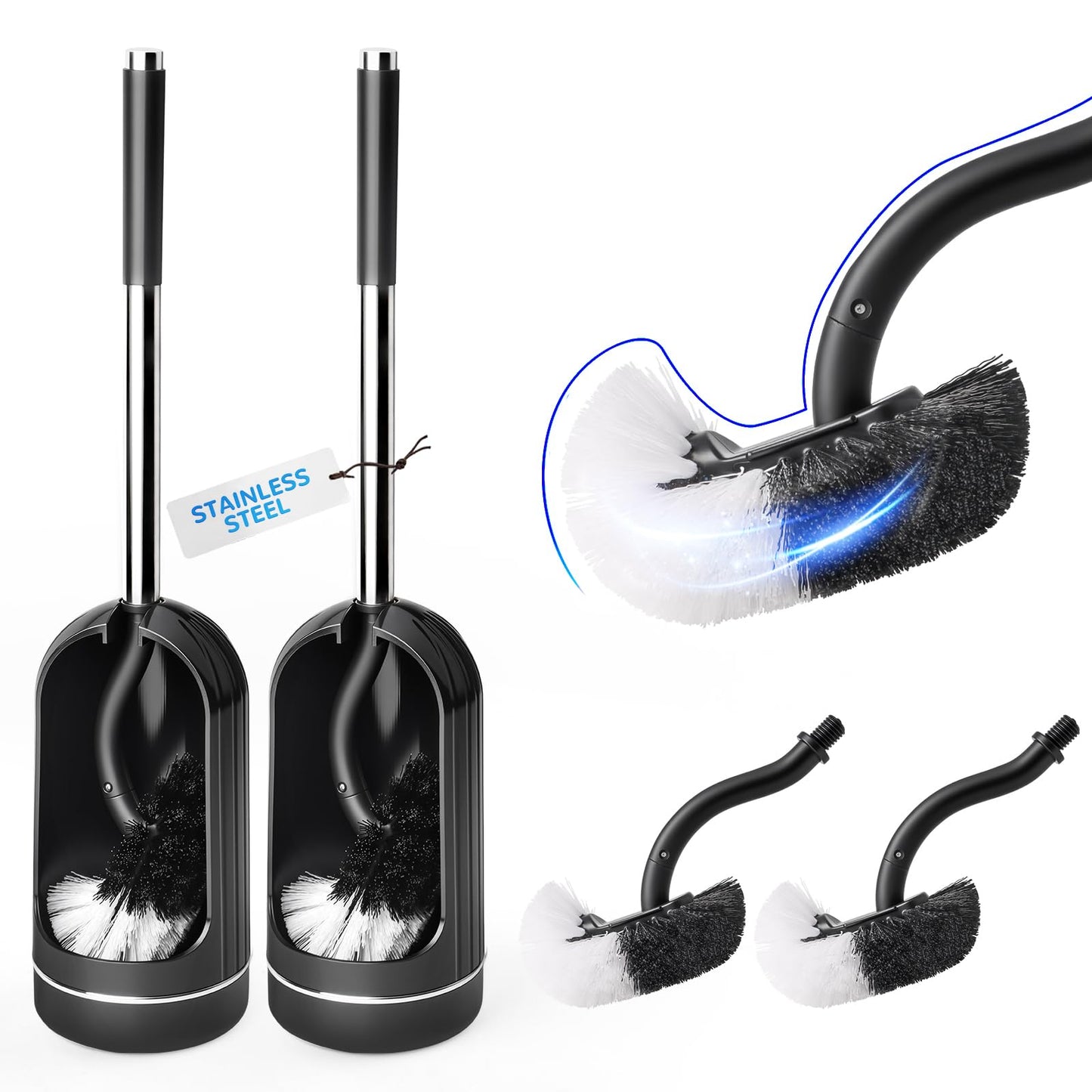 Topsky 2-Pack Toilet Brush and Holder Set, Curved Toilet Cleaner Brush with 2 Replacement Toilet Brush Head, Loo Brush and Holder Set (Black)