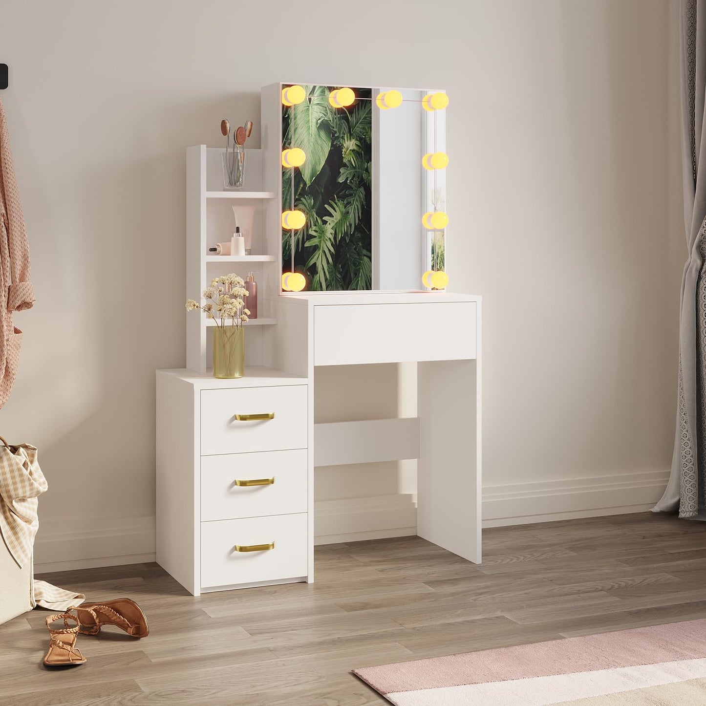 ZANOFIRA White Dressing Table with Large Mirror, Makeup Desk with Mirror, Vanity Makeup Table with 5 Drawers 3 Compartments for Bedroom,