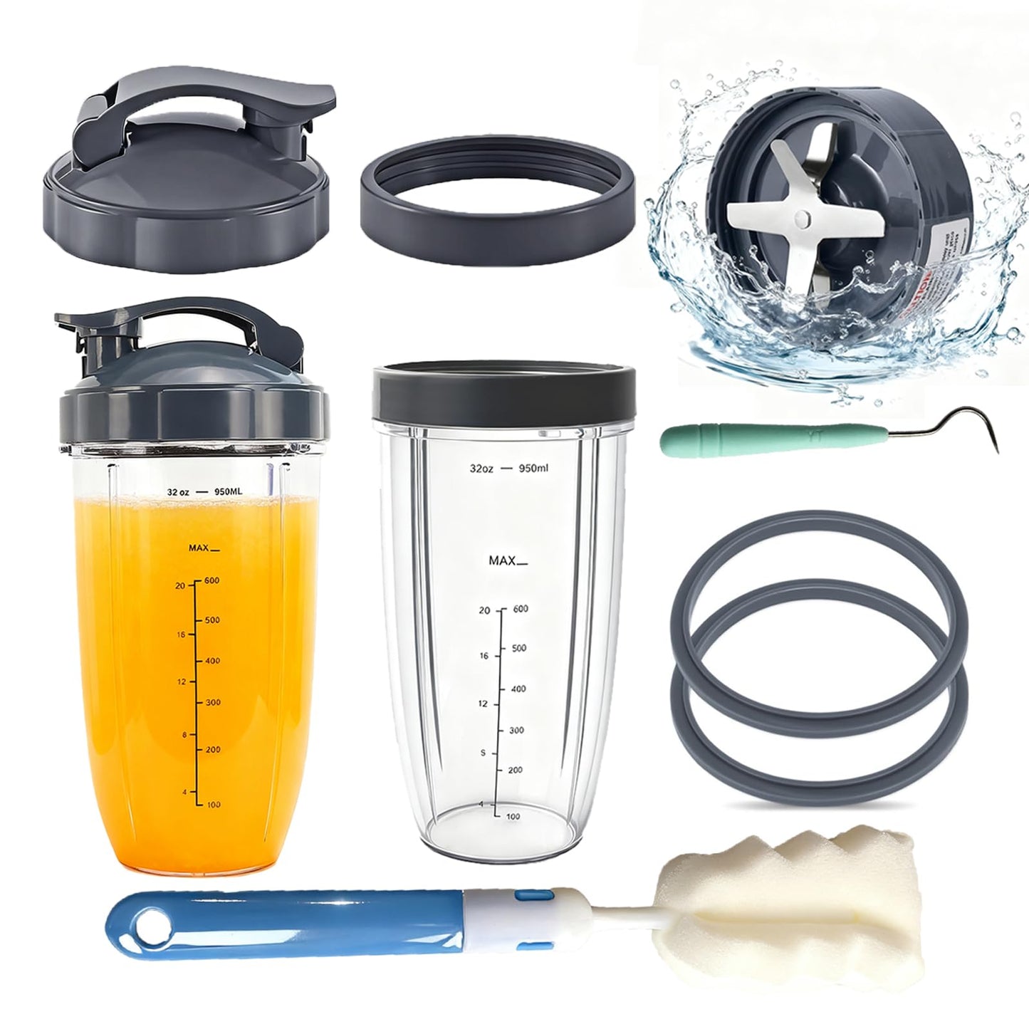 Hunnycook 11-Piece Replacement Parts Set for NutriBullet 600w/900w Series - 32oz Nutribullet Blender Cups with to-Go Lids, Extractor Blade, Sealing