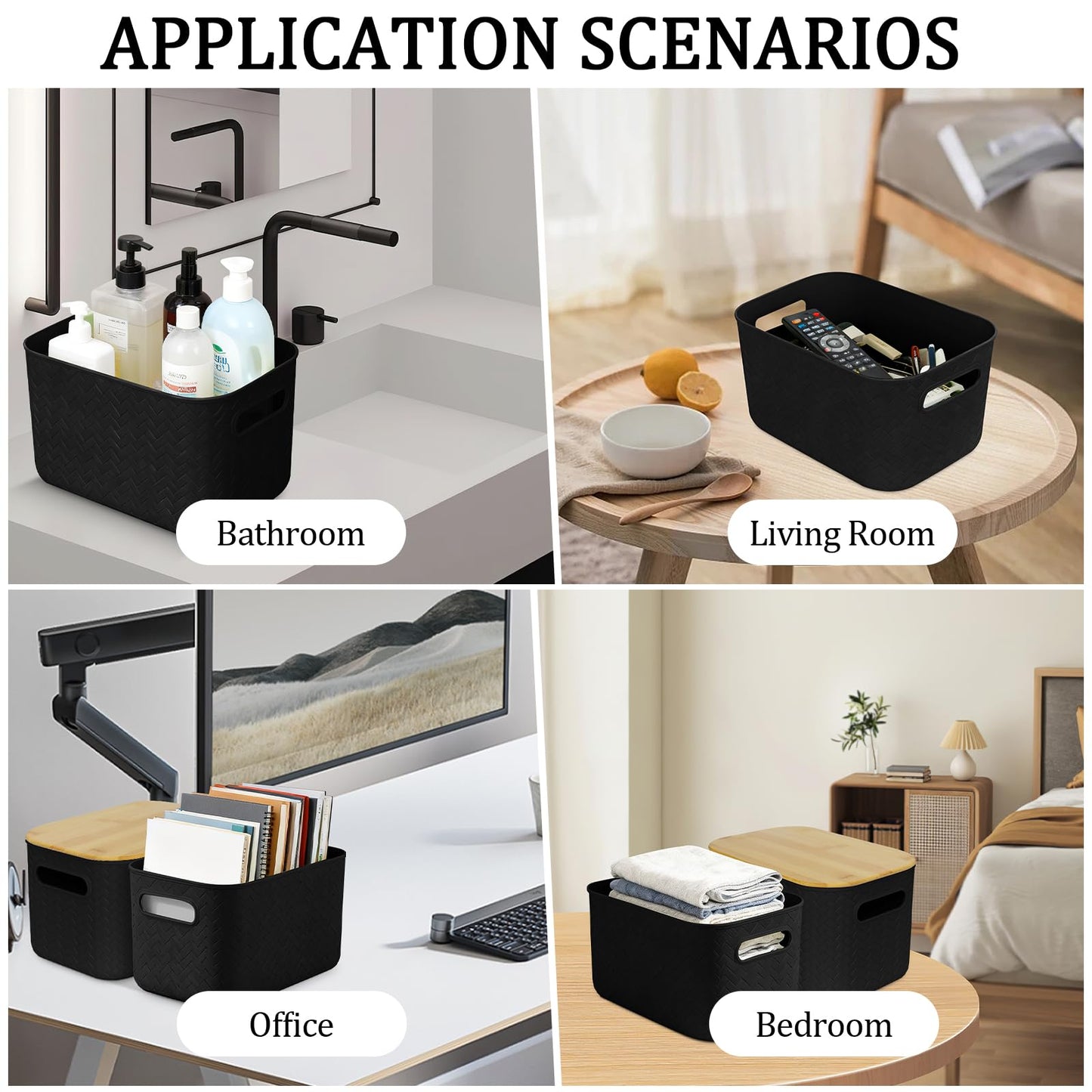 RWFMO 4 Pcs Plastic Black Storage Baskets with Bamboo Lid for Bathroom