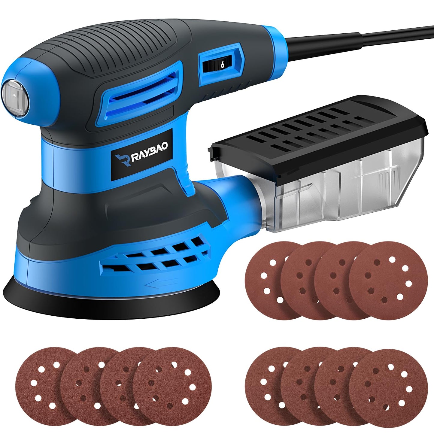 Random Orbital Sander 350W, 125mm Electric Sander with Active Dust Extraction, 10Pcs Sandpapers, 6-Speed 6000-13000 RPM, Hook & Loop Backing Pad for