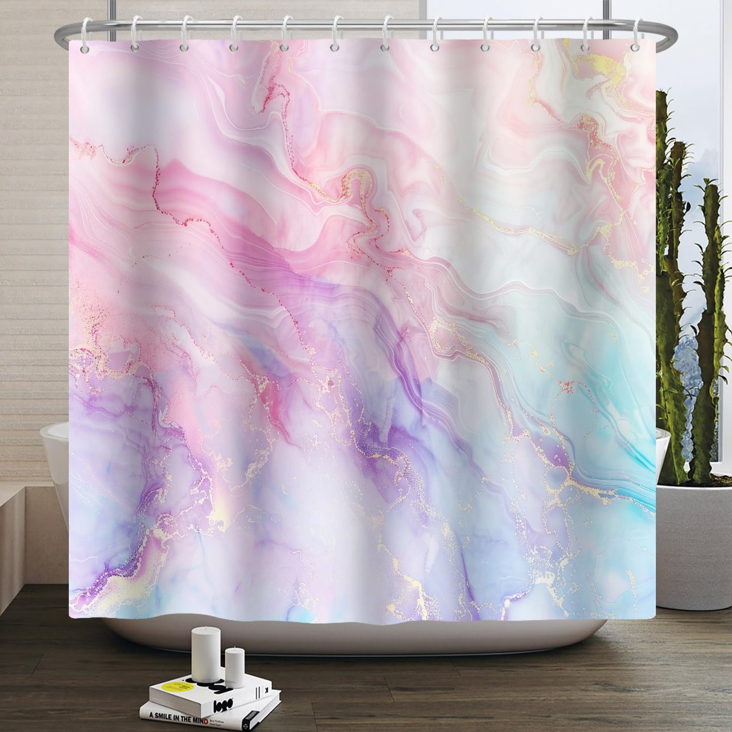 Kzzfqxb 183x183cm Shower Curtains with Plastic Hooks, Waterproof Occluded Modern Art Pink Purple Watercolor Flowing Smoke Marble Pattern for Bathtub,