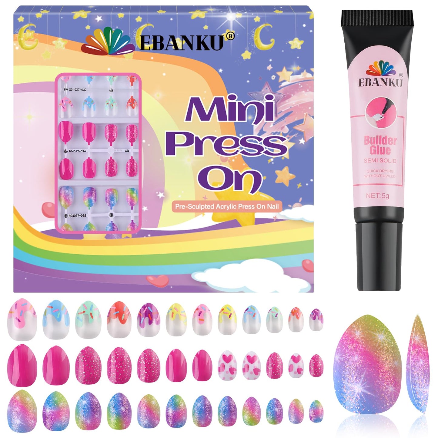 72 Pieces Press on Nails Girls, EBANKU 3 Pack Children False Nail Full Cover Short Acrylic Nails for Girls Kids Nail Art Decoration With Nail Glue