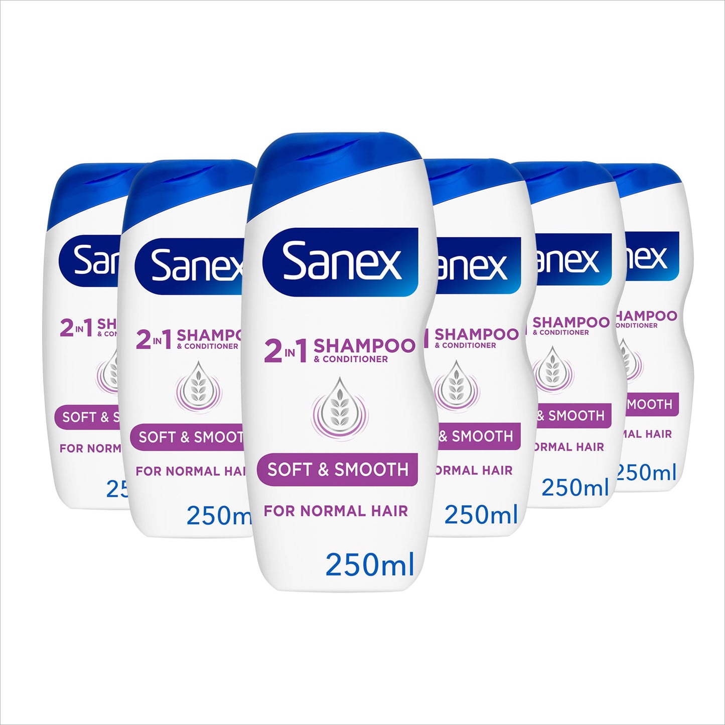 Sanex Nourishing & Gentle 2-in-1 Shampoo and Conditioner 250 ml Pack of 6, Dermatologically Tested, Natural Extracts to Nourish & Soften Hair (6 x 250