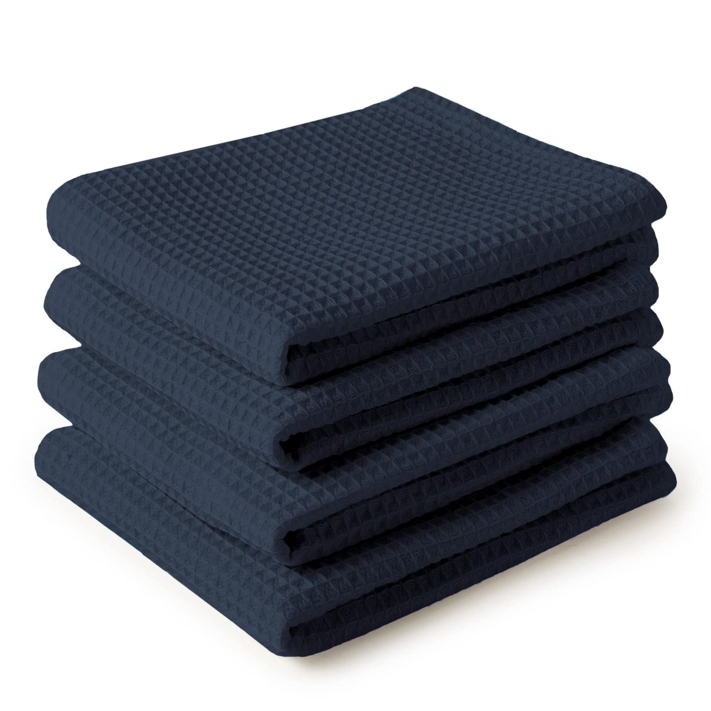 Encasa XO Kitchen Dish Towels Set | Navy Blue | Waffle Weave and Flat Hand Tea Towel | 70x45 cm | Quick Drying Reusable Cotton Washcloths |